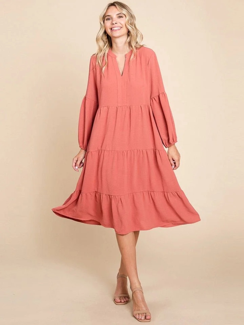 Tiered Long Sleeve Midi Dress in Dusty Coral
